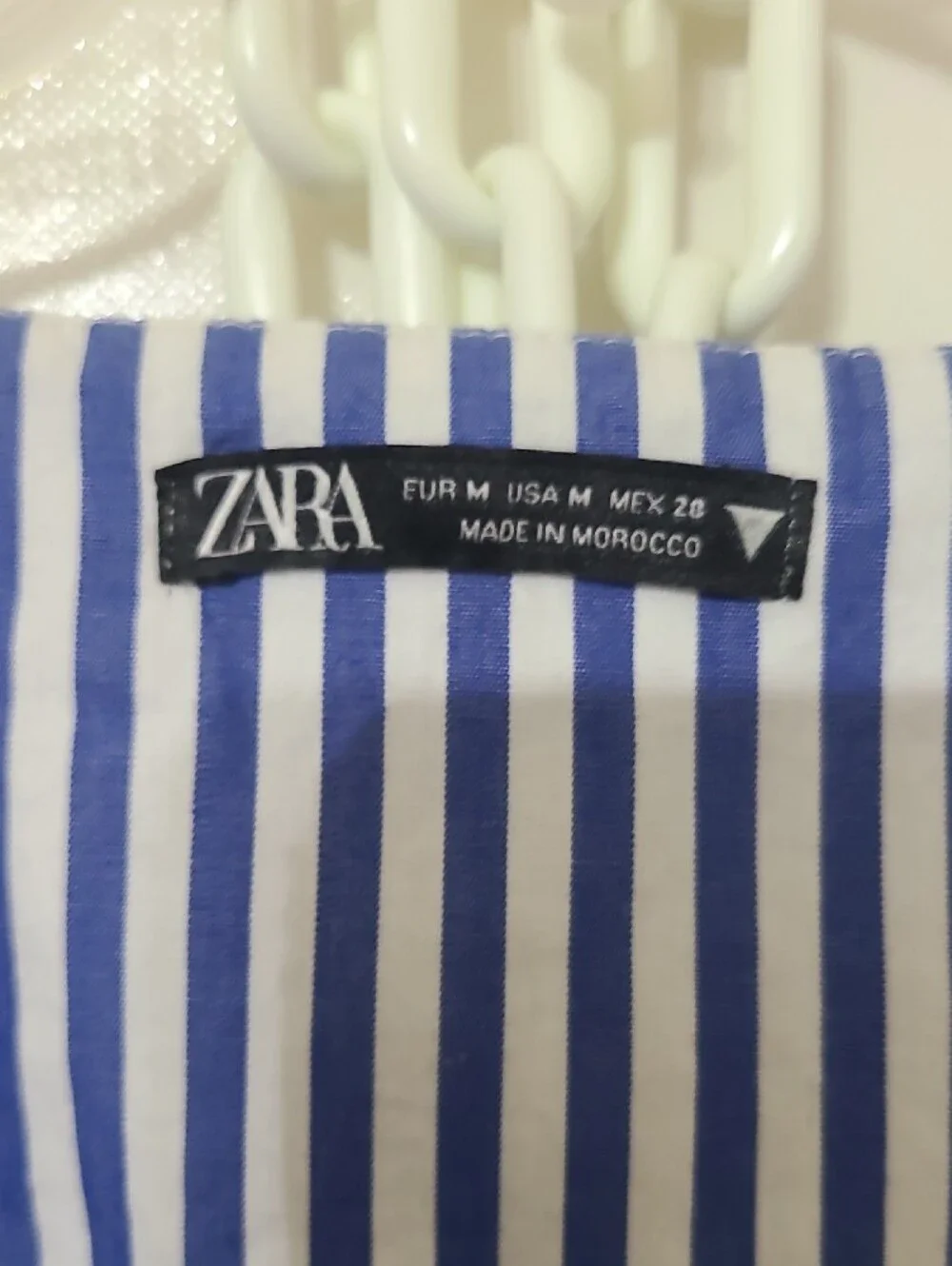 ZARA Blue and White Vertical-Striped Faux Wrap Blouse with Puff Sleeves - Medium